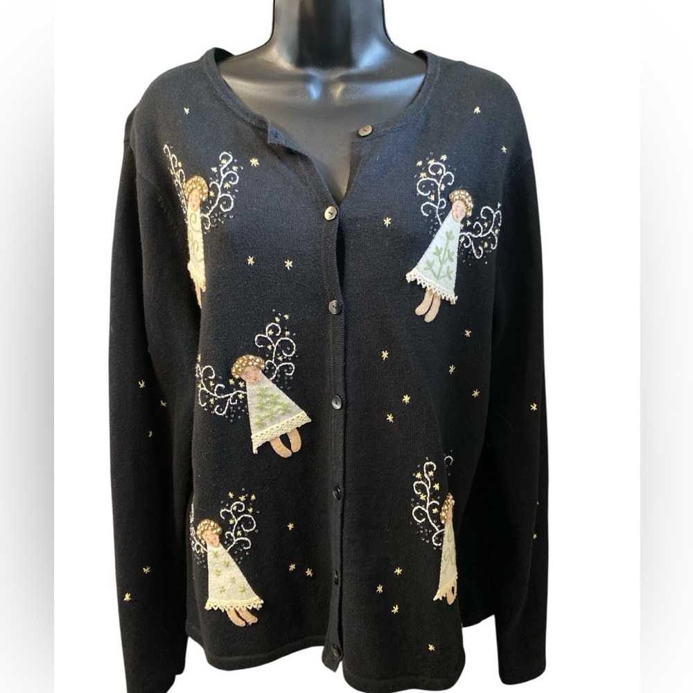 Carroll Reed Women's Christmas GrannyCore Angel Cardigan Sweater Black Size XL